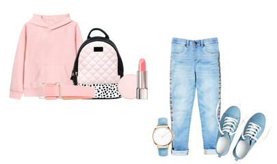 photograph of a trendy teen casual outfit set: pink hoodie, light wash jeans, blue sneakers, quilted backpack, pink belt, watch, and makeup, isolated on white ready for e-commerce listing.
