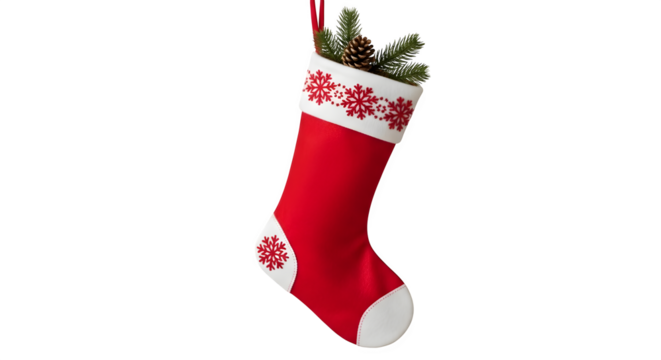 Red christmas stocking with white cuff isolated on transparent background