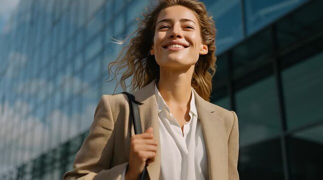 The Confident Stroll: An elegant individual exudes empowerment and success, walking with purpose and grace in the bright sunlight, showcasing a modern, confident demeanor.