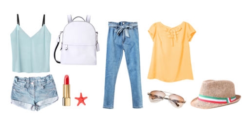 detailed photograph of a comprehensive summer women's wardrobe capsule laid out horizontally, including tops, denim, accessories, and cosmetics, isolated on black.