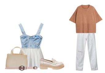 photograph of two distinct modern women's fashion outfits featuring a corset top and pleated skirt alongside a sweater and ripped jeans, isolated on a transparent background.