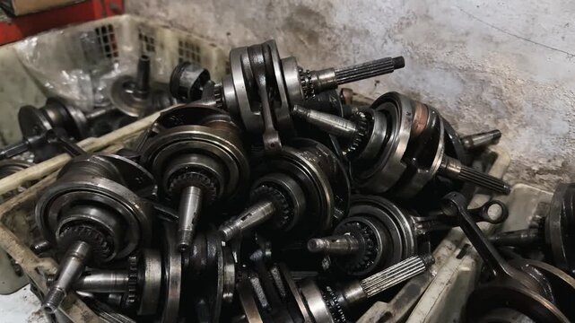 Close up of a pile of motorcycle crankshafts and connecting rods. Motorcycle Machine Part