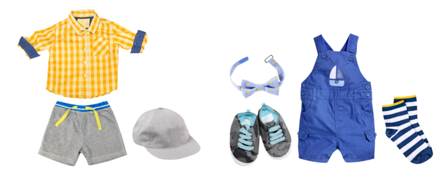 high angle photograph featuring two sets of trendy boys' outfits and accessories arranged neatly, perfect for casual summer wear, isolated against black. - Powered by Adobe