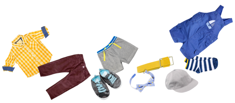 photograph of a diverse collection of toddler boy's clothing items, including shirts, pants, shorts, shoes, and accessories, floating across a black backdrop.