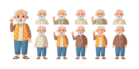 Diverse Expressions of an Elderly Man in Traditional Attire, PNG bundle collection, Isolated on Transparent Background
