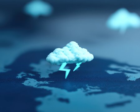 Lightning striking cloud server icons on global finance map, Cloud Warfare in Global Economy