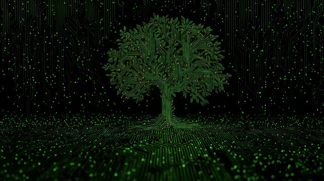 a green tree made of circuit board, with a green neon light back