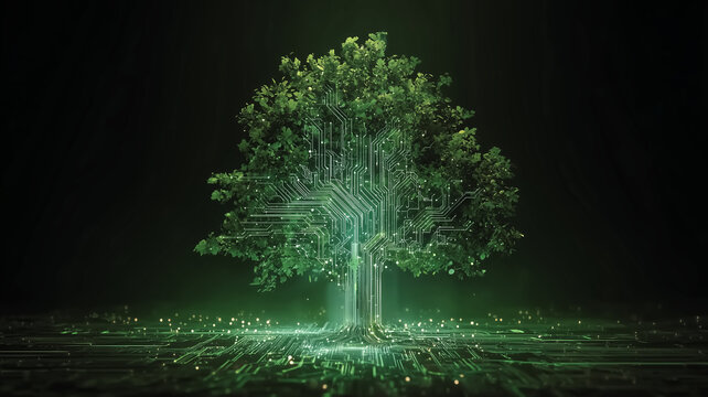 a green tree made of circuit board, with a green neon light back