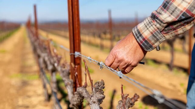 Man repairing a grapevine trellis using a hammer and wiretightener focusing on securing sagging wires in a sunlit vineyard.