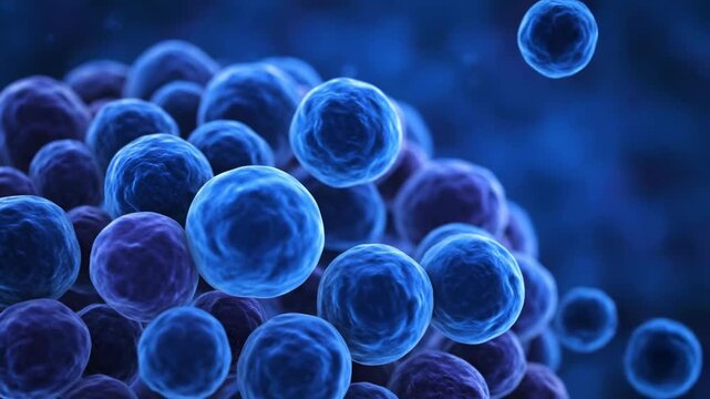 Pulsating microscopic organic cellular patterns divide and merge in a soothing seamless loop soft, commercial, wellness