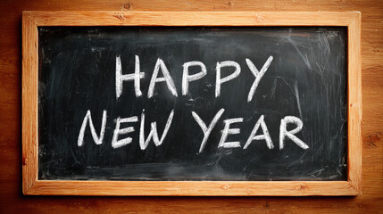 Chalkboard with Happy New Year written in white chalk, set against wooden frame background. festive message conveys celebration and new beginnings
