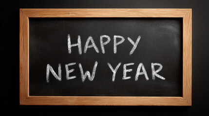 chalkboard with message Happy New Year written in white chalk, framed by wooden border, conveys festive and celebratory mood