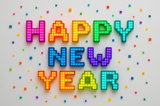 “Happy New Year” in Neon Pixel Blocks with Floating Confetti — Vibrant 3D Celebration on White Background