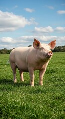 Beautiful healthy pig standing calmly in a green pasture, displaying its lovely form and peaceful demeanor under bright skies ,farm ,clean ,countryside