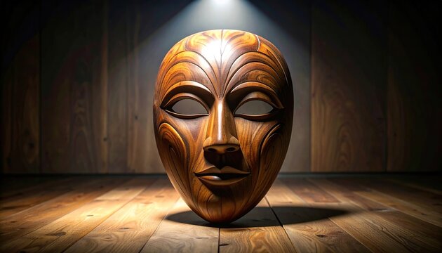 Traditional tribal wooden mask sculpture on black background evokes ancient mystery and culture