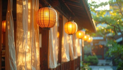 Warm Glow of Traditional Asian Lanterns Illuminating a Serene Outdoor Setting.