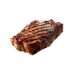 Juicy grilled beef steak with charred stripes isolated on white background, delicious barbecue meat and protein food concept for restaurant and cooking design