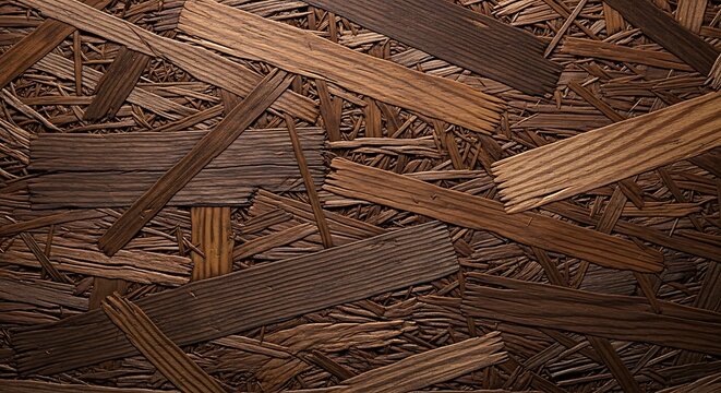 Close-up of Oriented Strand Board OSB with visible wood strands.