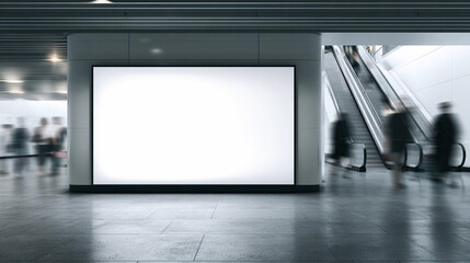 Large Blank Horizontal Digital Display Screen Mockup on a Grey Pillar in a Modern Subway Station Interior, Generative AI