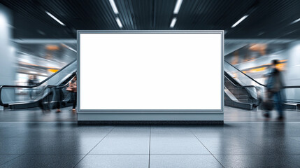 Blank Horizontal Billboard Screen Mockup in Modern Blue Station with Motion Blur, Generative AI