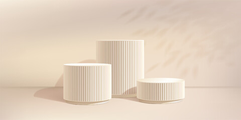 Beige bg product podium, soft plant shadow overlay. Marble 3d platform in creamy studio, leaf tree gobo. White fluted elegant pillar, cylinder platform. Skincare natural cosmetic pedestal three level © Svetlana Ievleva