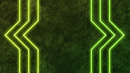 Futuristic Neon Green Light Lines Forming Chevron Abstract Pattern on Dark Grunge Cement Wall Background for Modern Technology Design Concept