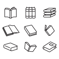 A collection of various book-shaped icons. Vector line style. Contains icons such as stacks of books, open books, and more.