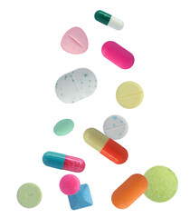 assortment of diverse, brightly colored pharmaceutical pills, tablets, and capsules captured mid-fall against a dark, contrasting background.