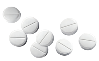 photograph of several white round medical pills scattered dynamically against a solid transparent background, representing pharmacy, medicine, or health care treatment.