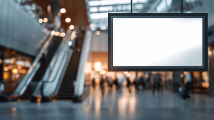 Blank Horizontal Digital Screen Mockup Hanging in Busy Modern Public Interior, Generative AI