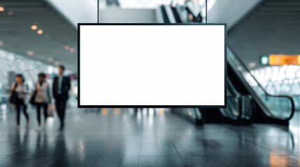 Blank Horizontal Digital Display Screen Mockup Mounted in Modern Gray Airport Concourse, Generative AI