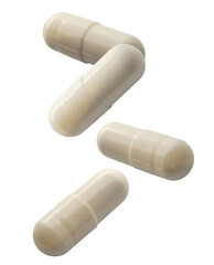 photograph of four off-white medical capsules floating or falling against a stark transparent background, symbolizing wellness, supplements, and prescription drugs.