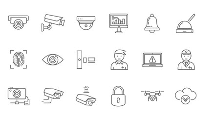 Security system icons set outline security camera, fingerprint, eye, lock and other signs