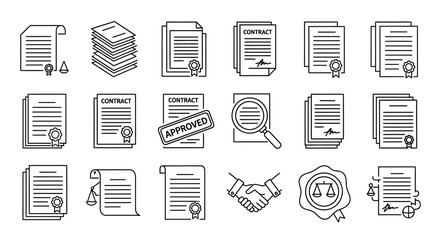 Collection of legal documents and contracts in line art style isolated on white background