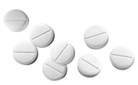 photograph of several white round medical pills scattered dynamically against a solid transparent background, representing pharmacy, medicine, or health care treatment.