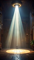 Bright ray of light shines from a ceiling fixture onto a pedestal in a corridor