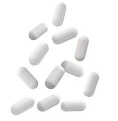 photograph of a dynamic arrangement of multiple white oblong medical pills floating or falling randomly against a clean transparent background.