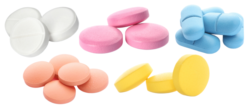 photograph showcasing a vibrant collection of multi-colored pharmaceutical pills and tablets in various shapes against a plain transparent background.