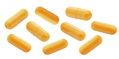 horizontal arrangement of nine bright orange gelatin capsules, representing vitamins or dietary supplements, beautifully isolated on a deep transparent background.