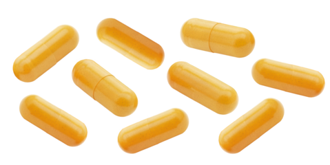 horizontal arrangement of nine bright orange gelatin capsules, representing vitamins or dietary supplements, beautifully isolated on a deep transparent background.