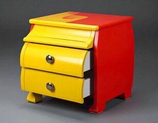 Bright red & yellow bedside table with rounded drawers against a grey background