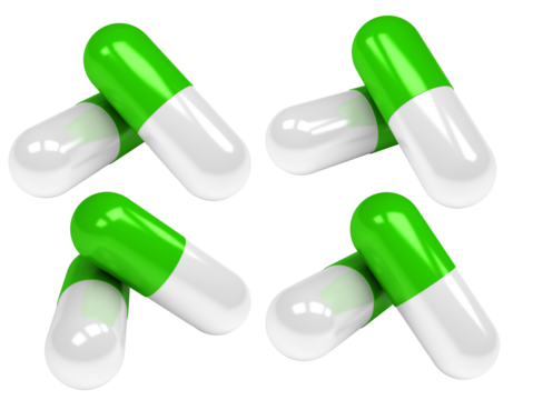 symmetrical pattern of green and white pharmaceutical capsules floating in pairs, presented on a minimalist transparent background in a studio setting.