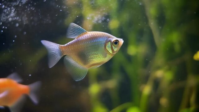 Macro shot of tropical aquarium fish gently fluttering fins, tiny air bubbles drifting, soft refracted light patterns, slow elegant swimming motion, high clarity scales and fin translucency.