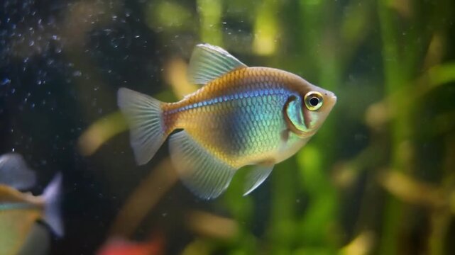 Macro shot of tropical aquarium fish gently fluttering fins, tiny air bubbles drifting.