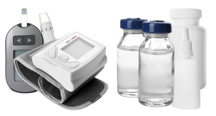essential medical photograph featuring a blood pressure monitor, glucose meter, injection vials,...