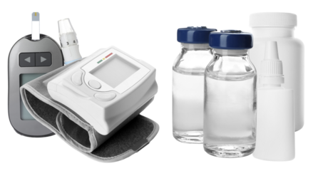 essential medical photograph featuring a blood pressure monitor, glucose meter, injection vials, and various medicine bottles isolated on a stark transparent background for health concepts.