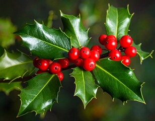 Bright red berries and glossy green leaves of holly adorn a dark, blurred background