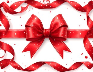 Bright red bow and ribbon with white polka dots on white backdrop, cheerful composition