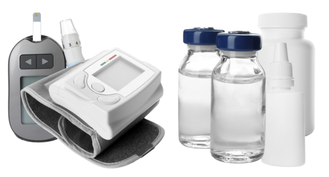 essential medical photograph featuring a blood pressure monitor, glucose meter, injection vials, and various medicine bottles isolated on a stark transparent background for health concepts.