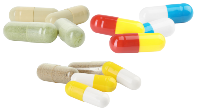 a close-up photograph showcasing a colorful assortment of hard shell pharmaceutical capsules and dietary supplements piled together and isolated on a deep transparent background.
